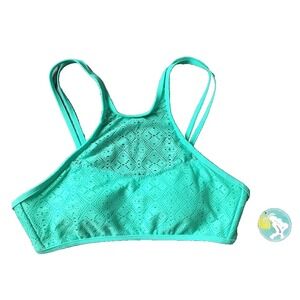 New Crochet Lace Bikini Swimsuit Top‎ Jr Women L Island Soul Swim High Neck Aqua